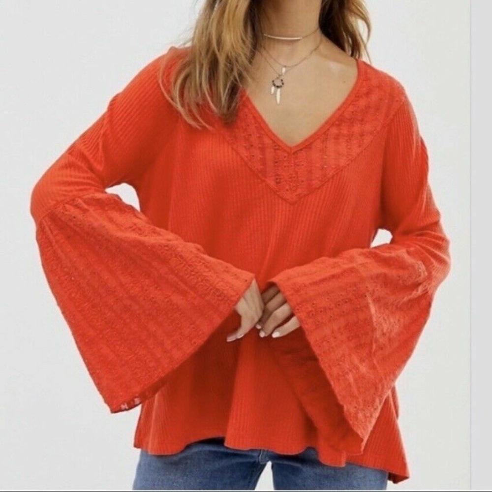 Free People Parisian Nights Women's Orange‎ Bell Sleeve Top Size M Cottagecore